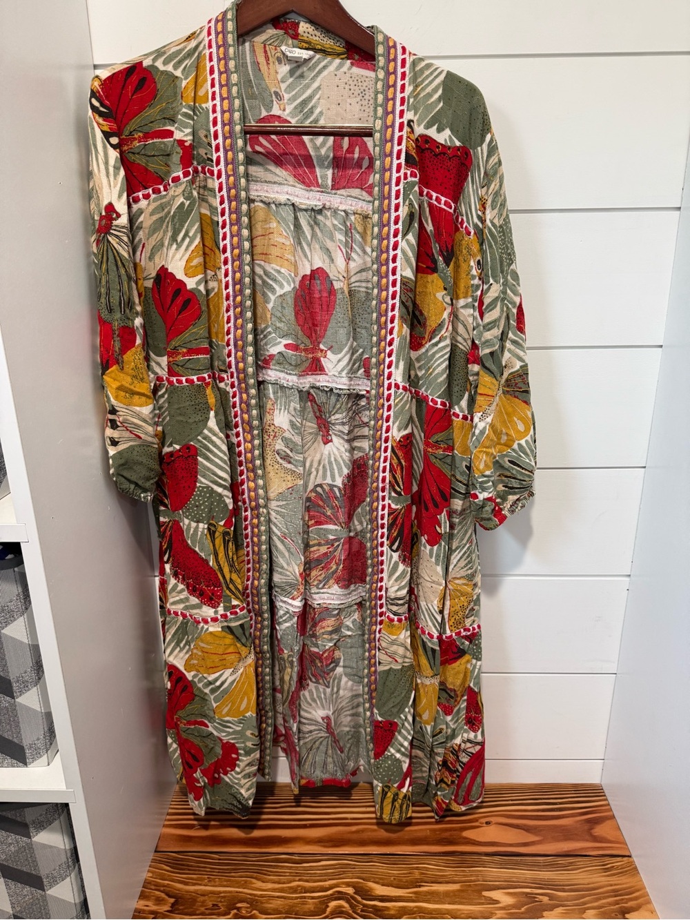 Cato Long Sleeve Floral Kimono Dress in Red, Olive & Mustard
